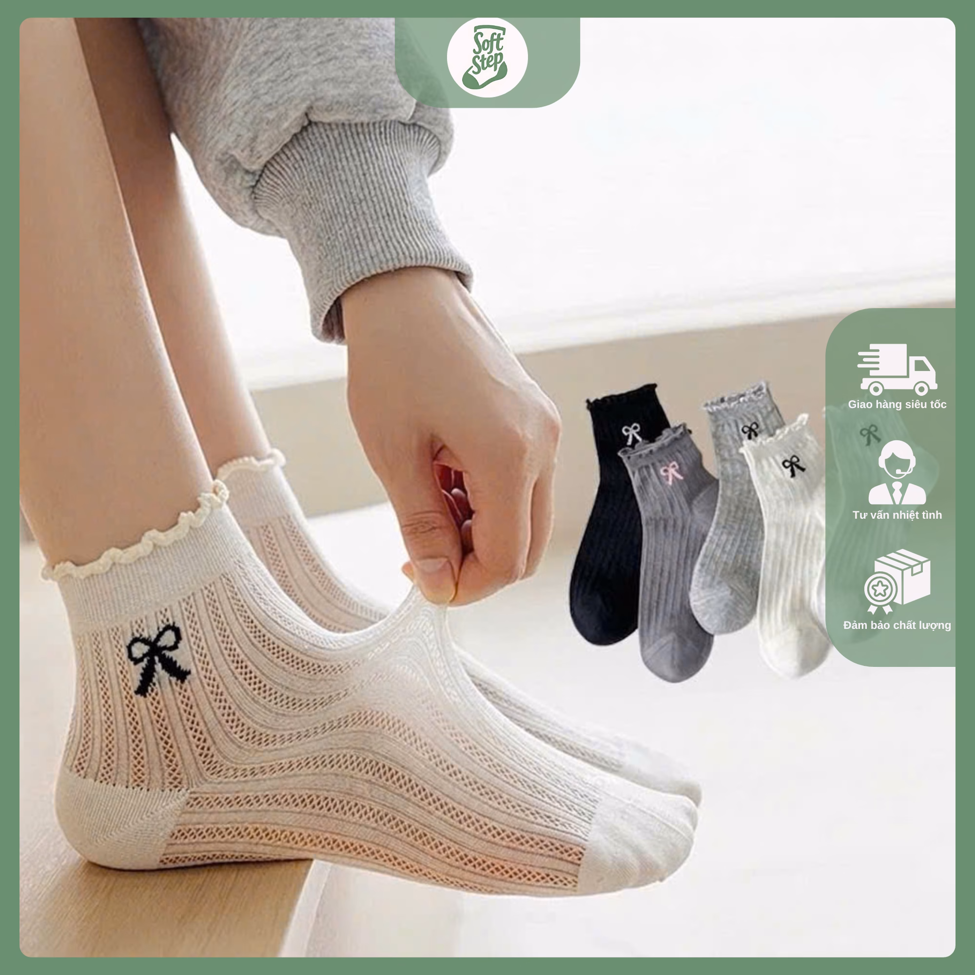 Tất Cổ Ngắn Nữ Phối Viền Bèo Thêu Nơ Phong Cách Hàn Quốc Dễ Thương