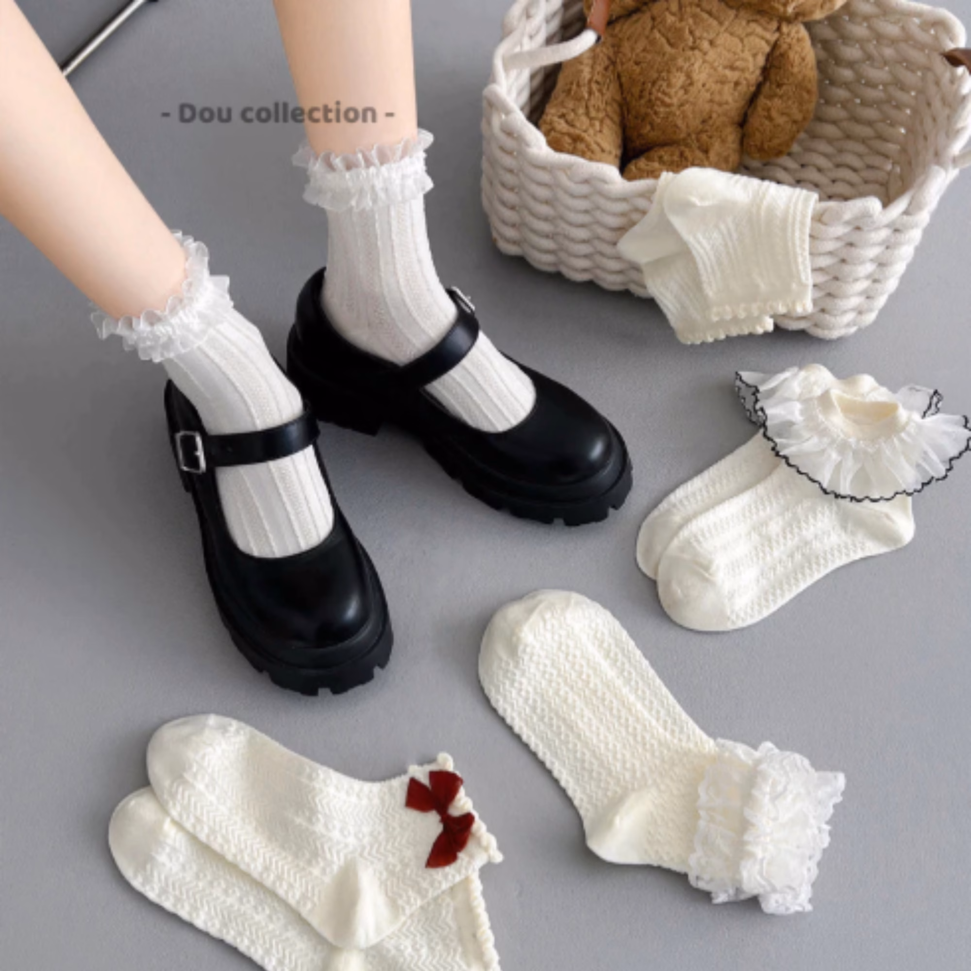 Vớ Tất Nữ, Vớ Tất Cổ Cao Chất Cotton 5 Mẫu Nơ Viền Ren Bèo Nổi Line Xoắn Hàn