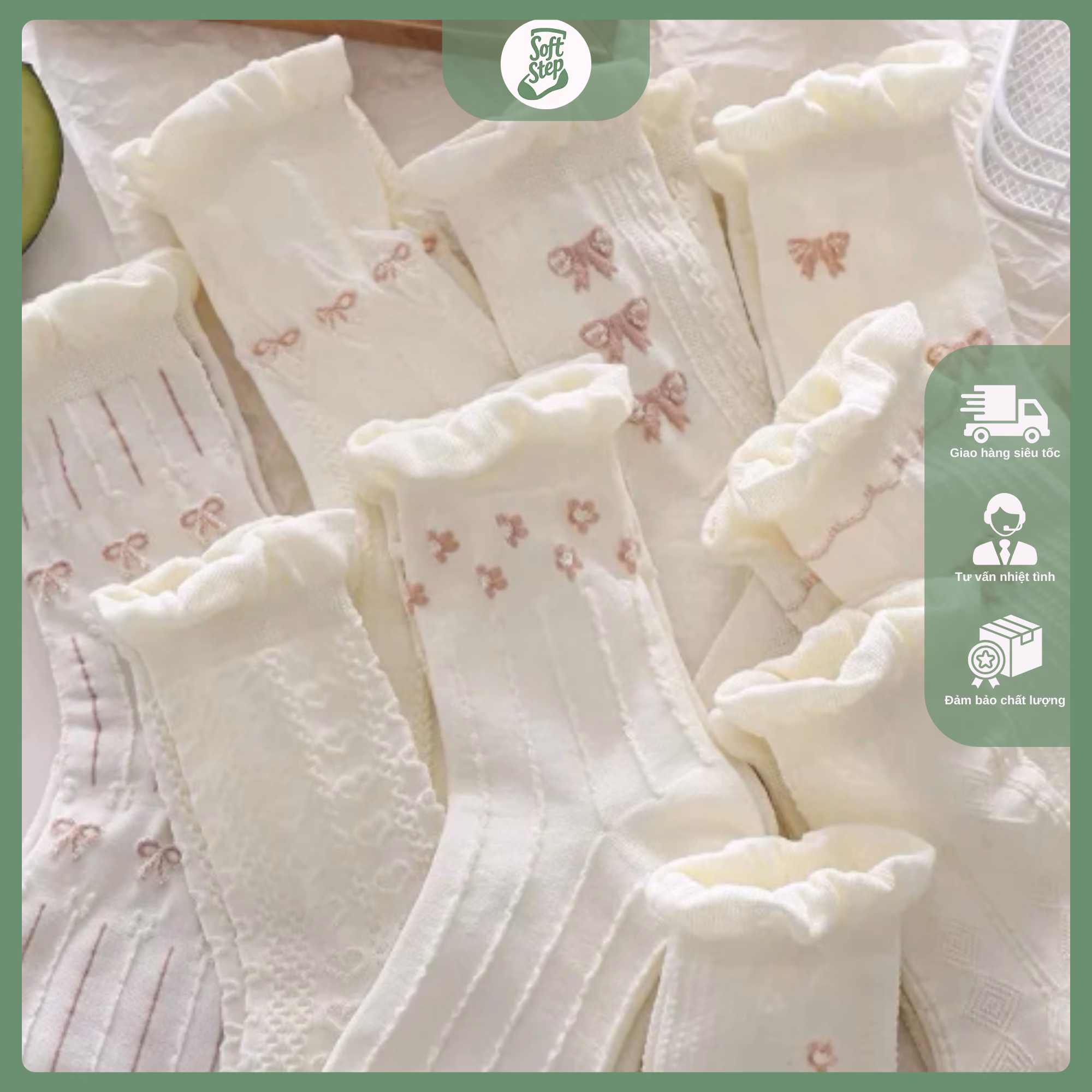 Set 5 Đôi Vớ Cotton SoftStep Đính Nơ Họa Tiết Hoa Nhỏ Xinh Xắn Phong Cách Harajuku Cho Nữ