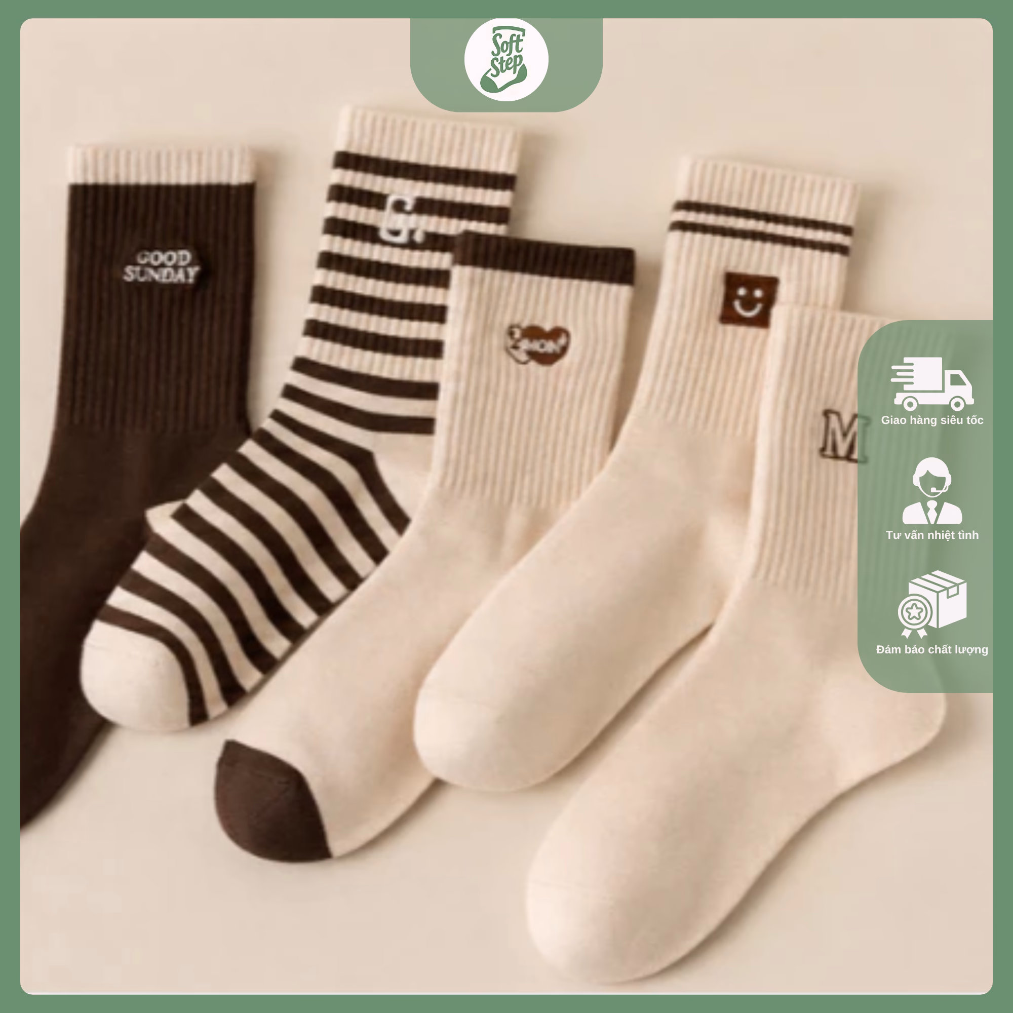 Tất Cổ Cao Nam Nữ Màu Nâu Trắng Kem Thêu Icon Retro – BST Vớ Gân Tăm Cotton Hàn Quốc Nhẹ Nhàng