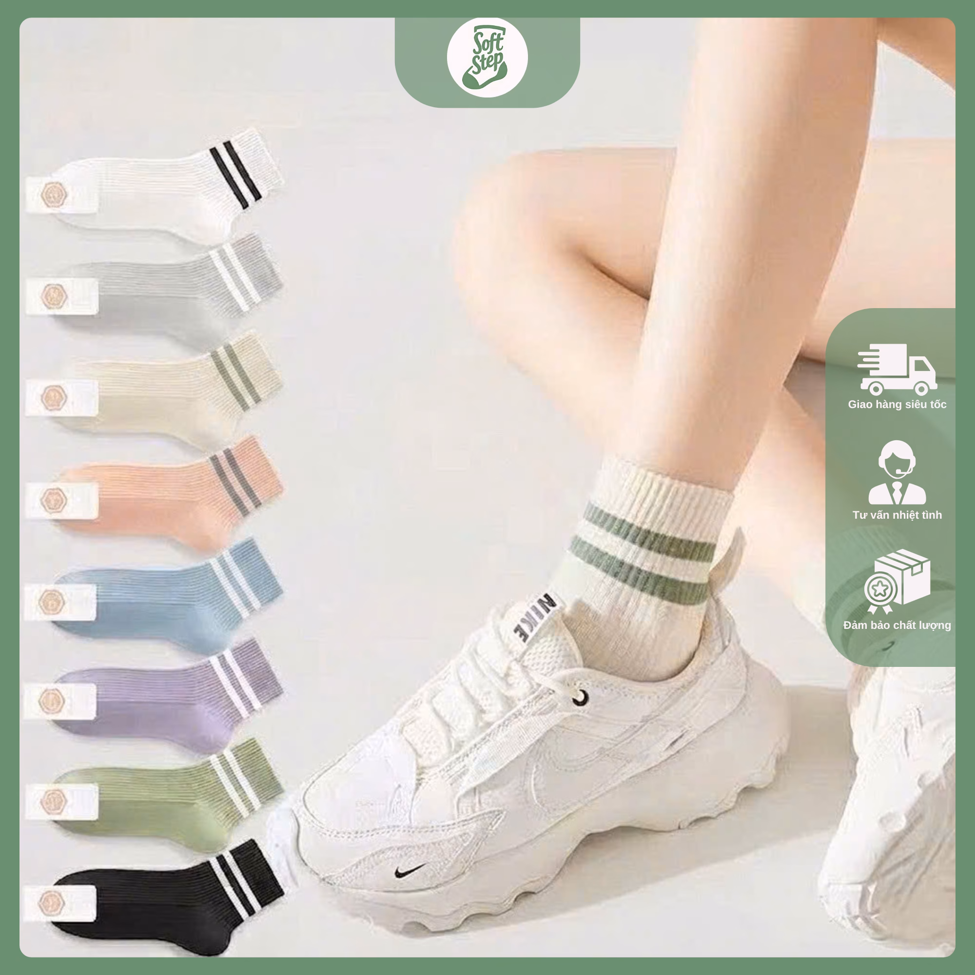 Tất Cổ Trung Nữ Soft Step Dệt Gân Tăm Phối 2 Kẻ Sọc Thể Thao Hàn Quốc