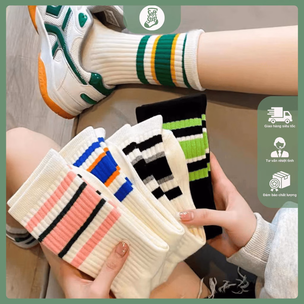 Tất Cổ Cao Nam Nữ Soft Step Dệt Gân Sọc Phối 3 Kẻ Thể Thao Âu Mỹ – BST Vớ Unisex Skater Style Cá Tính
