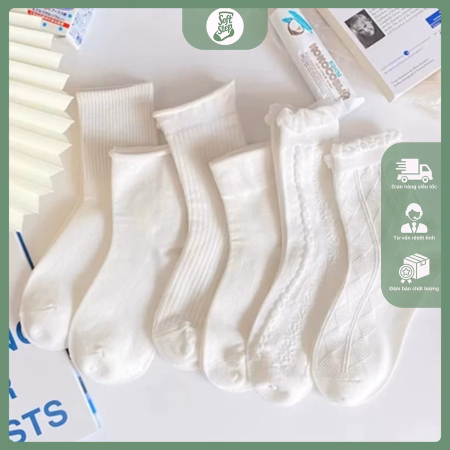 Tất Cổ Cao Nữ Soft Step Màu Trắng Tinh Khôi – Kiểu Dáng Dệt Hàn Quốc Đáng Yêu